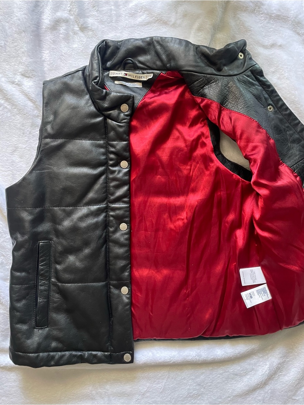 Vintage Y2K Tommy Hilfiger Black Quilted Leather Puffer Vest Sz M Biker Moto